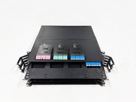 Hochdichte 2HE 19 Zoll 144 Kerne für MPO zu LC MTP Entlade-Schiebe-Glasfaser-Patchpanel MPO Rack Rechenzentrumslösung